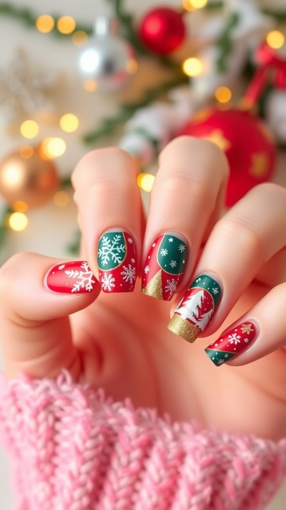 Festive Christmas nail designs on short to medium nails with red, green, and white patterns.